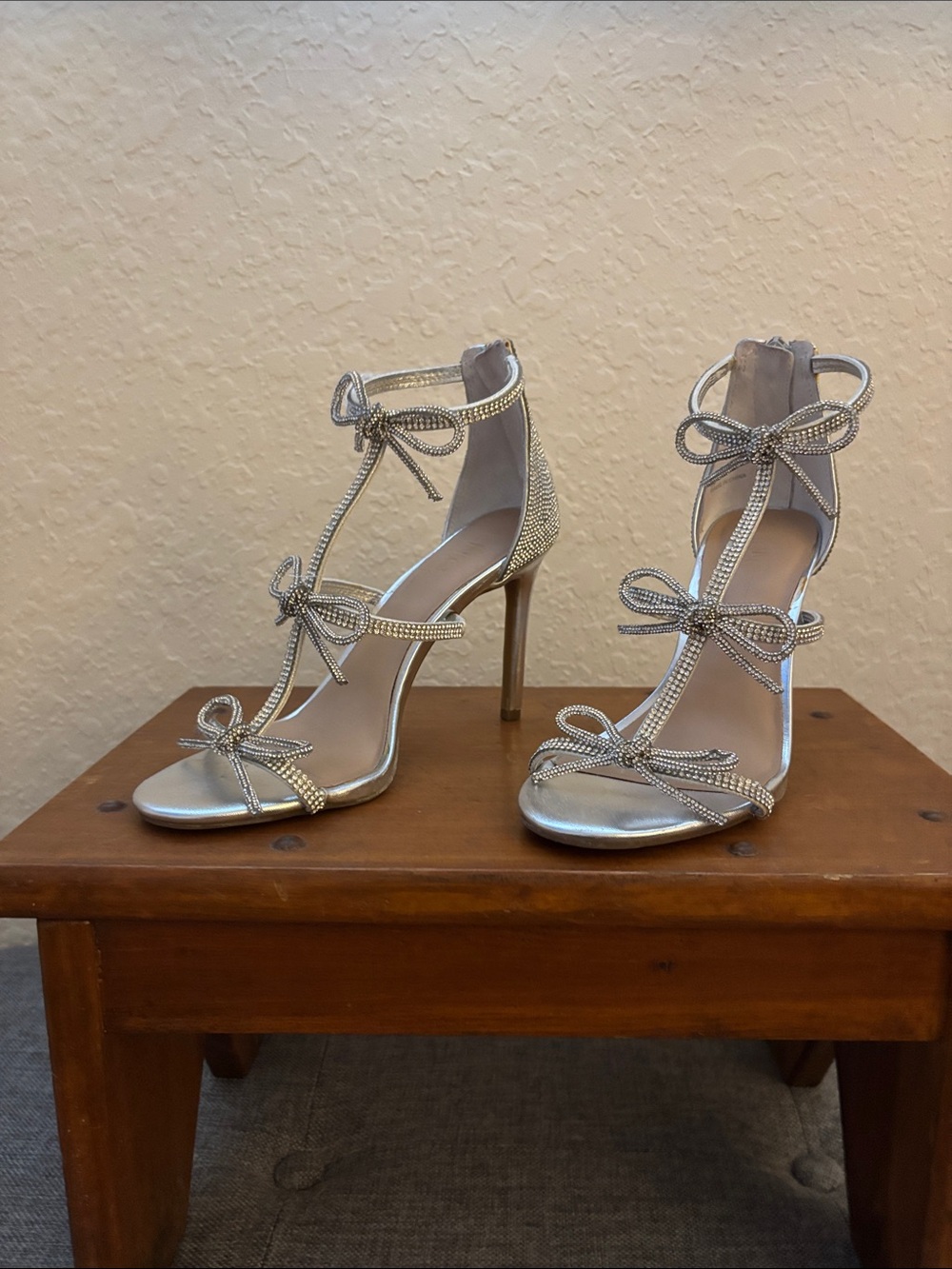 Silver Rhinestone Bow T-Strap Stiletto Heels - Women